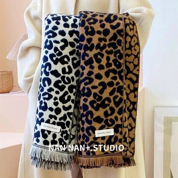 Moterų dviejų pusių leopardu raštu jacquard šalikė, šiltas žiemai, mezginys, imitacinis kašmaras (akrilas) ir poliesteris, vidutinio ilgio, vintage stilius