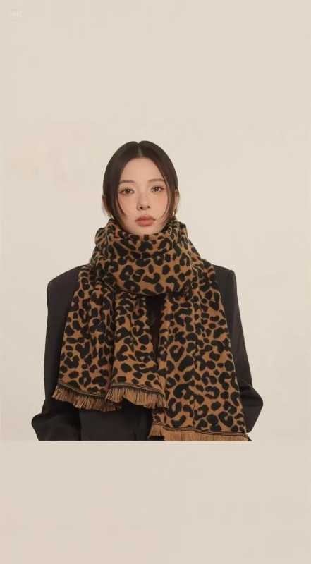 Moterų dviejų pusių leopardu raštu jacquard šalikė, šiltas žiemai, mezginys, imitacinis kašmaras (akrilas) ir poliesteris, vidutinio ilgio, vintage stilius