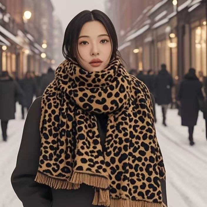 Moterų dviejų pusių leopardu raštu jacquard šalikė, šiltas žiemai, mezginys, imitacinis kašmaras (akrilas) ir poliesteris, vidutinio ilgio, vintage stilius