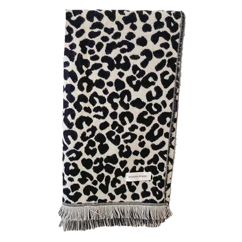 Moterų dviejų pusių leopardu raštu jacquard šalikė, šiltas žiemai, mezginys, imitacinis kašmaras (akrilas) ir poliesteris, vidutinio ilgio, vintage stilius