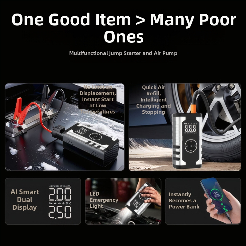 Автомобилен аварийно-стартиращ източник и помпа за въздух – всичко в едно, преносим, вход 12V, изход 5V, международно сертифициран захранващ модул