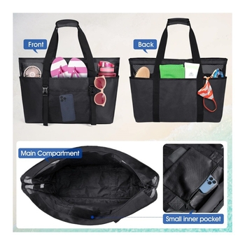 Pludmales soma ar augšējo rāvējslēdzēju, Oxford audums, dubultas plecu siksnas, iekšējā nodalījuma kabata portatīvajam datoram un vairāki kabatas