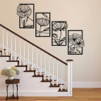 Četru daļu metāla sienas dekors ar lotusa lapas motīvu un 3D līnijām (Materiāls: dzelzs; Stils: mūsdienīgs minimālisks; Kategorija: ģeometriska forma)