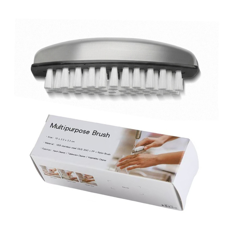 304 nerūsējošā tērauda tīrīšanas suka aromātu noņemšanai, divkārša pielietojuma – roku un augļu/dārzeņu tīrīšanai, virtuves masāžas suka