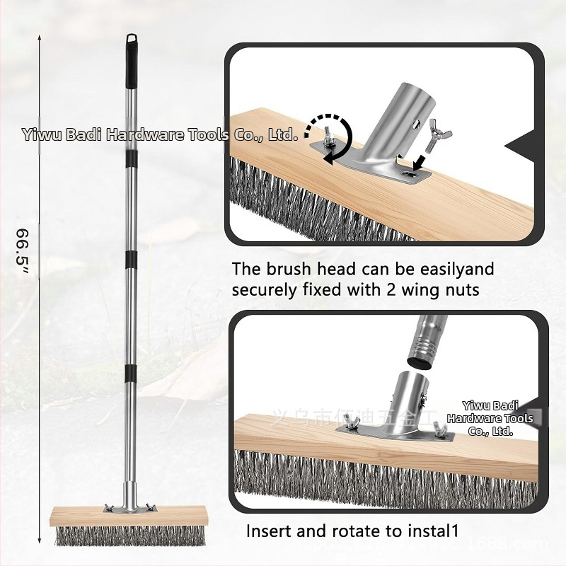 Тежка неръждаема стомана телена четка с удължена дръжка за почистване на палуби, бетон и дворни настилки