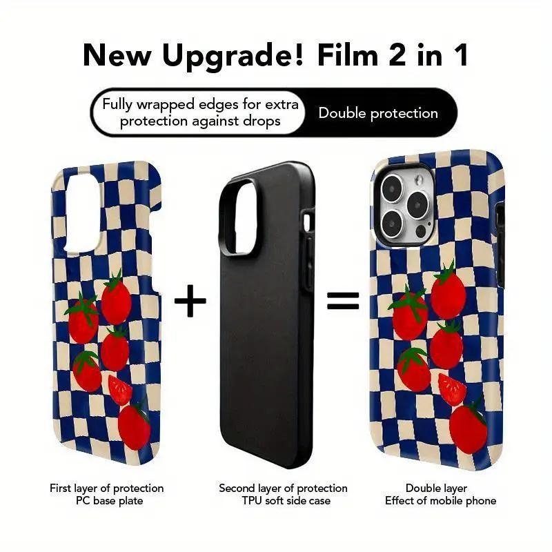 Telefono dėklas – pomidorų rašto dizainas, dviejų sluoksnių plėvelės dėklas, atsparus smūgiams ir įbrėžimams, šilumos perdavimo technologija, suderinamas su iPhone 11–14 Pro/Max serija