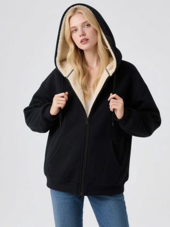 Moterų kapucinis poliar fleece džemperis – gradientinis raštas, britiško stiliaus kardiganas, užtrauktukas, storas flisas, 95% poliesteris