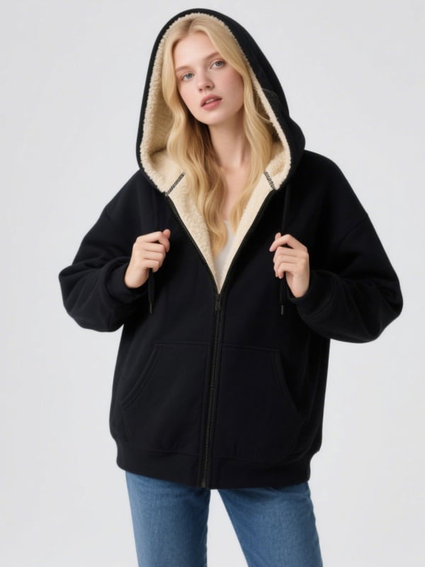 Moterų kapucinis poliar fleece džemperis – gradientinis raštas, britiško stiliaus kardiganas, užtrauktukas, storas flisas, 95% poliesteris