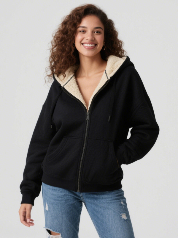 Moterų kapucinis poliar fleece džemperis – gradientinis raštas, britiško stiliaus kardiganas, užtrauktukas, storas flisas, 95% poliesteris