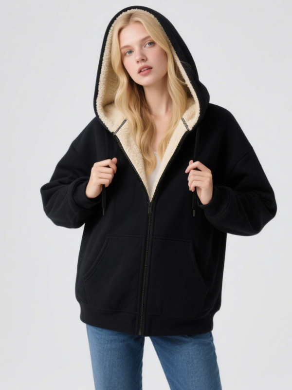 Moterų kapucinis poliar fleece džemperis – gradientinis raštas, britiško stiliaus kardiganas, užtrauktukas, storas flisas, 95% poliesteris