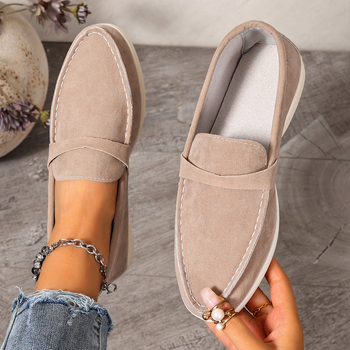 Kasdieniai moterų slip-on loaferiai - apvali nosis, denim viršus, PU įdėklas, guma padas, žemas profilis