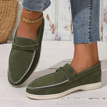 Kasdieniai moterų slip-on loaferiai - apvali nosis, denim viršus, PU įdėklas, guma padas, žemas profilis