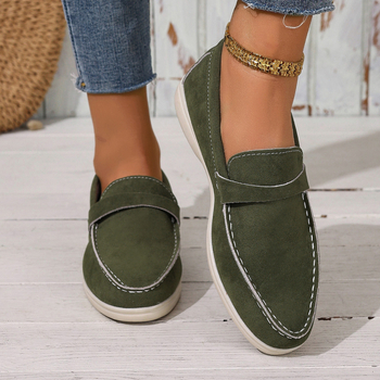 Kasdieniai moterų slip-on loaferiai - apvali nosis, denim viršus, PU įdėklas, guma padas, žemas profilis