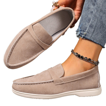 Kasdieniai moterų slip-on loaferiai - apvali nosis, denim viršus, PU įdėklas, guma padas, žemas profilis