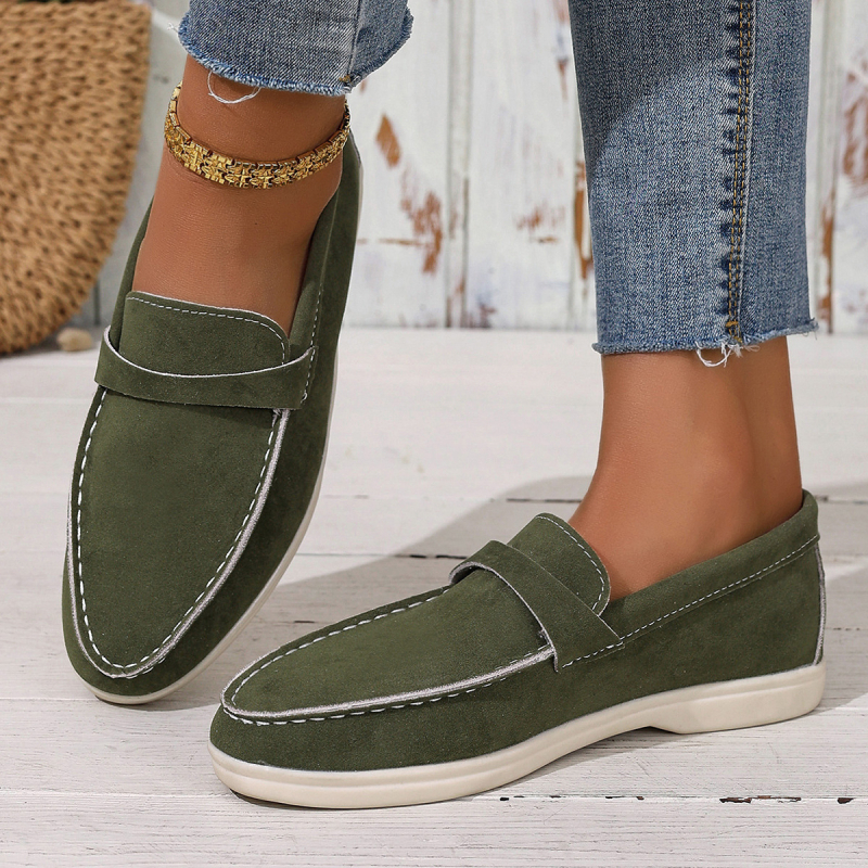 Kasdieniai moterų slip-on loaferiai - apvali nosis, denim viršus, PU įdėklas, guma padas, žemas profilis