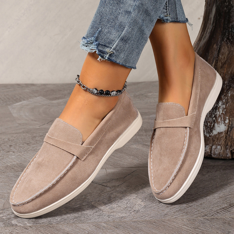 Kasdieniai moterų slip-on loaferiai - apvali nosis, denim viršus, PU įdėklas, guma padas, žemas profilis