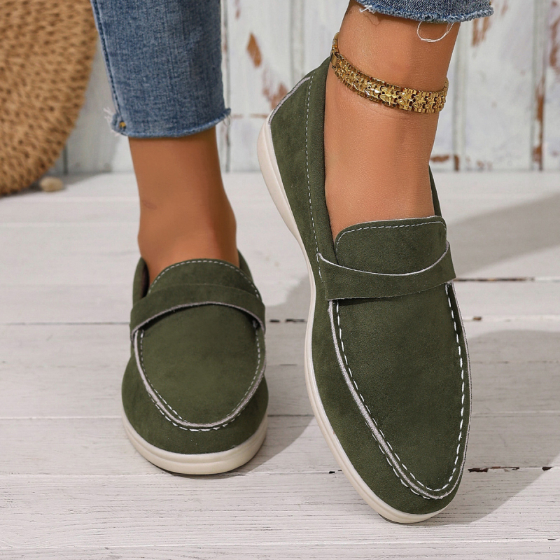 Kasdieniai moterų slip-on loaferiai - apvali nosis, denim viršus, PU įdėklas, guma padas, žemas profilis