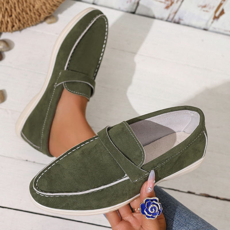 Kasdieniai moterų slip-on loaferiai - apvali nosis, denim viršus, PU įdėklas, guma padas, žemas profilis