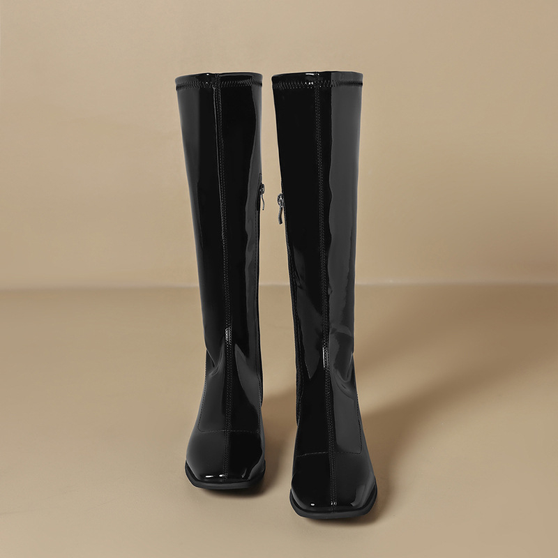 Sieviešu jāšanas zābaki ar asas purnu, bieza vidēja augstuma papēdis 3-5 cm, augsts zābaks, PU augšdaļa, sānu rāvējslēdzējs