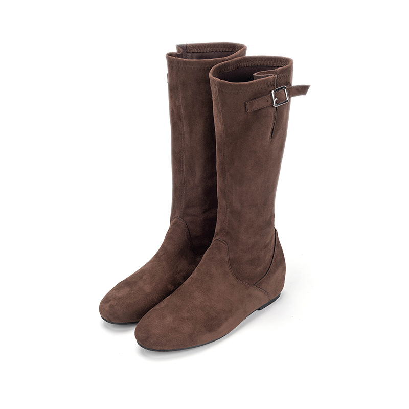 Moterų mados bateliai - Velūro viršus, apvali nosis, stora kulnė, aukštas blauzdos ilgis, Pull-On uždarymas