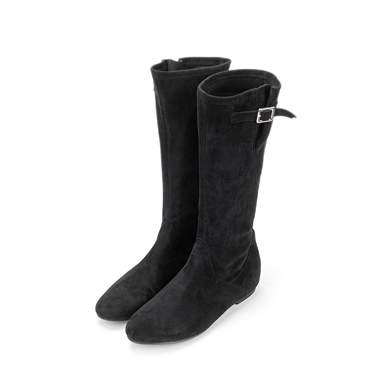 Moterų mados bateliai - Velūro viršus, apvali nosis, stora kulnė, aukštas blauzdos ilgis, Pull-On uždarymas