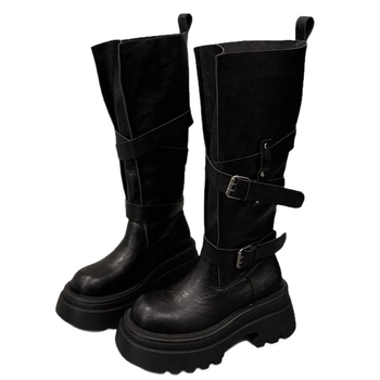 Ādas zābaki virs ceļgala sievietēm, apaļa purngala, vidējā papēža augstums 3-5 cm, iekšējā zole ar aitas vilnas integrētu