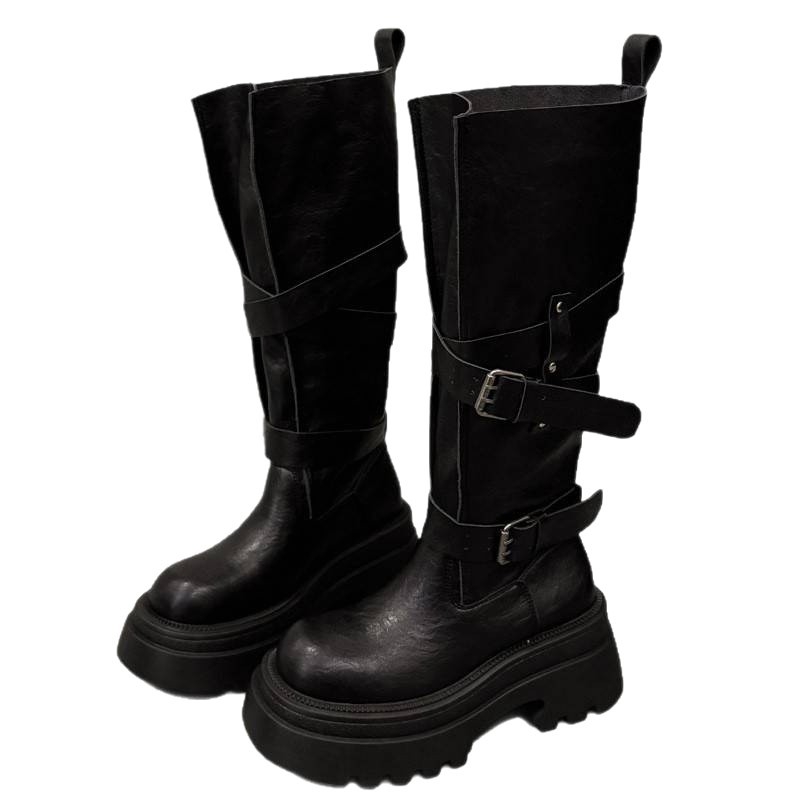 Ādas zābaki virs ceļgala sievietēm, apaļa purngala, vidējā papēža augstums 3-5 cm, iekšējā zole ar aitas vilnas integrētu