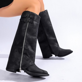 Moteriški kelių aukščio botai retro stiliumi, apvalus pirštas, storos kulnas, aukštas shaft, PU viršus