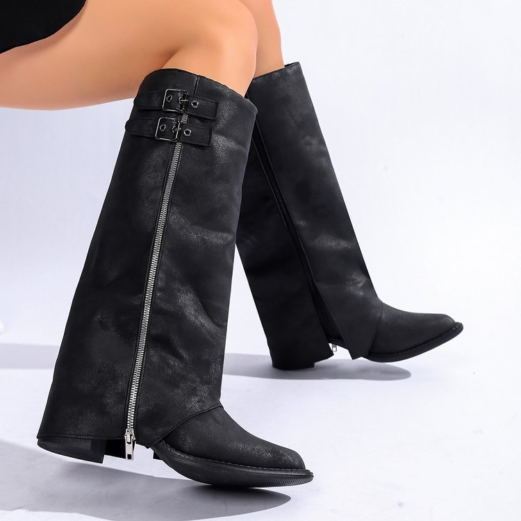 Moteriški kelių aukščio botai retro stiliumi, apvalus pirštas, storos kulnas, aukštas shaft, PU viršus