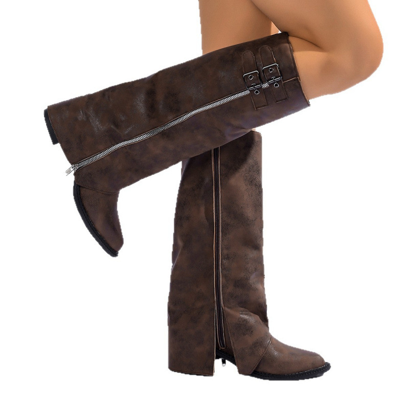 Moteriški kelių aukščio botai retro stiliumi, apvalus pirštas, storos kulnas, aukštas shaft, PU viršus