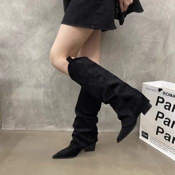 Moteriški auliniai batai iki blauzdos su smailiu nosimiu, plokšči kulnai, mikropluošto viršutinė, guminė padas