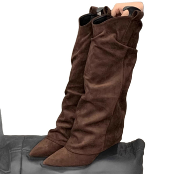 Moteriški auliniai batai iki blauzdos su smailiu nosimiu, plokšči kulnai, mikropluošto viršutinė, guminė padas