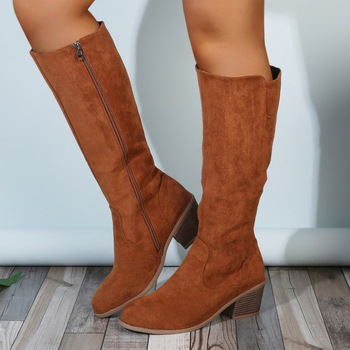 Дълги обувки над коляното с дебел ток (6-8 cm), велур, странична ципа, кръгъл нос, за жени