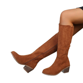 Дълги обувки над коляното с дебел ток (6-8 cm), велур, странична ципа, кръгъл нос, за жени