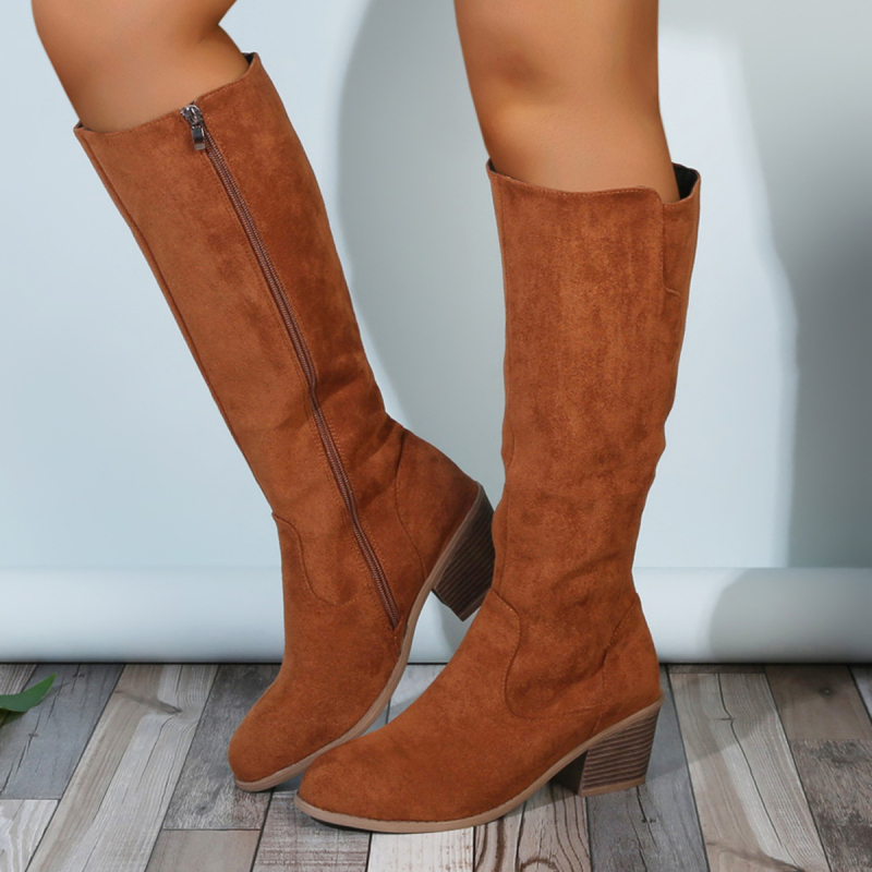 Дълги обувки над коляното с дебел ток (6-8 cm), велур, странична ципа, кръгъл нос, за жени