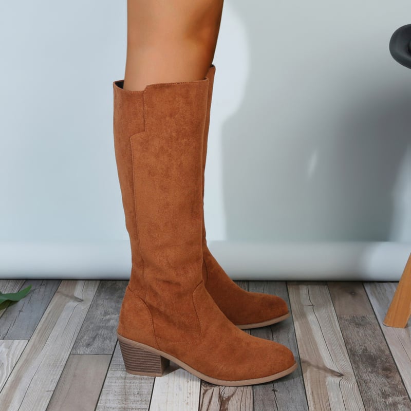 Дълги обувки над коляното с дебел ток (6-8 cm), велур, странична ципа, кръгъл нос, за жени