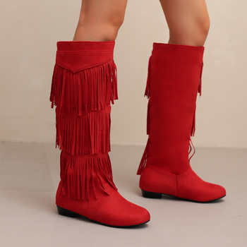 Ghete dama din velur cu tiv înalt, franjuri, vârf rotund și toc gros mic