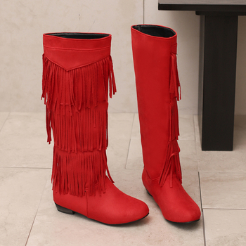 Ghete dama din velur cu tiv înalt, franjuri, vârf rotund și toc gros mic