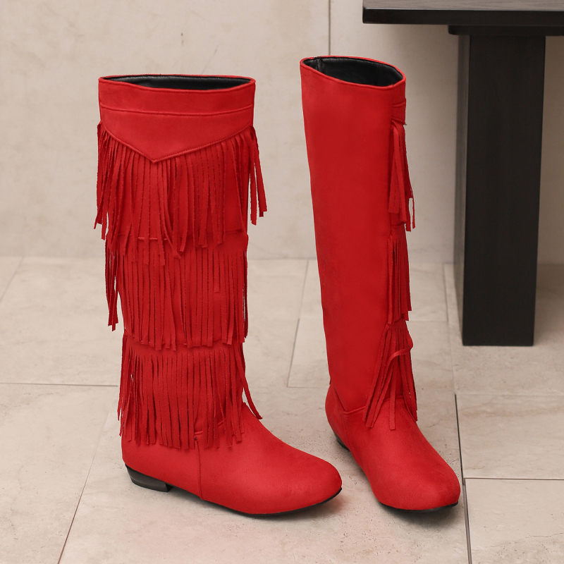 Ghete dama din velur cu tiv înalt, franjuri, vârf rotund și toc gros mic