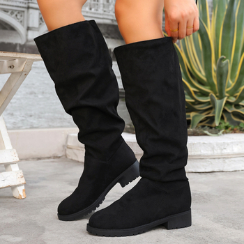 Módne čižmy s PU vrchnkom, gumová podrážka, štvorcový špička, hrubá stredná päta, výška do polovice lýtka