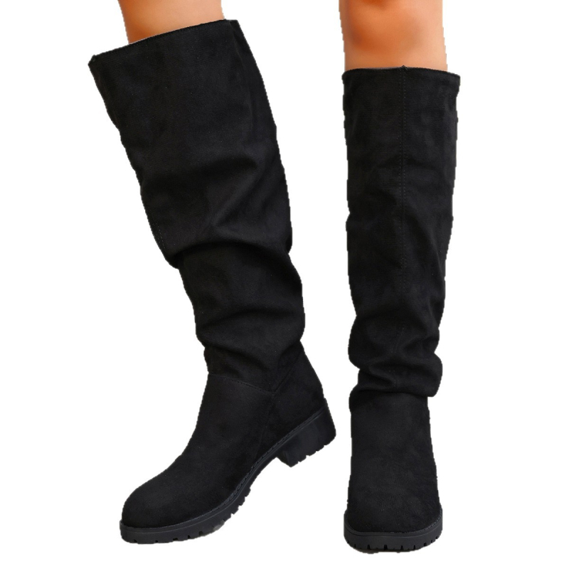 Módne čižmy s PU vrchnkom, gumová podrážka, štvorcový špička, hrubá stredná päta, výška do polovice lýtka