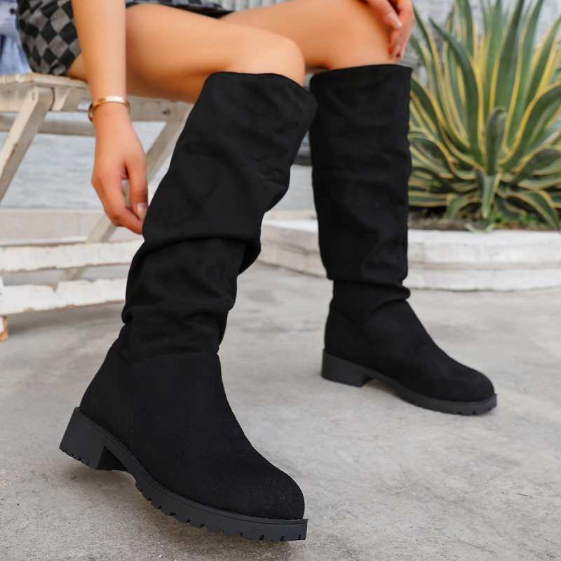 Módne čižmy s PU vrchnkom, gumová podrážka, štvorcový špička, hrubá stredná päta, výška do polovice lýtka