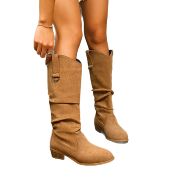 Moteriški zomšiniai aukšti botai su aštriu pirštu ir tvirtu vidutinio aukščio kulnu, Europos ir Amerikos stilius