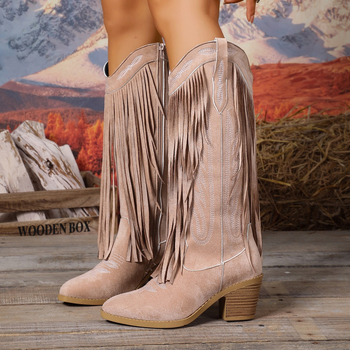 Sieviešu velūra izjādes zābaki ar augstu garenu daļu, ass purnu, biezu papēdi, sānu rāvējslādzēju