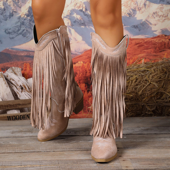 Sieviešu velūra izjādes zābaki ar augstu garenu daļu, ass purnu, biezu papēdi, sānu rāvējslādzēju