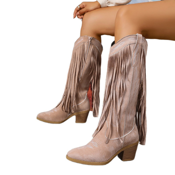 Sieviešu velūra izjādes zābaki ar augstu garenu daļu, ass purnu, biezu papēdi, sānu rāvējslādzēju