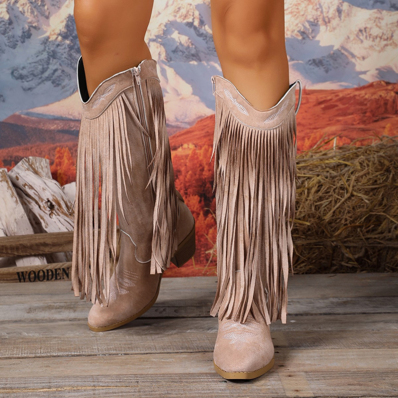 Sieviešu velūra izjādes zābaki ar augstu garenu daļu, ass purnu, biezu papēdi, sānu rāvējslādzēju