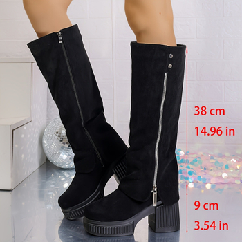 Kāju ceļgalu zābaki ar platāku platformu — satīna augšdaļa, gumijas zole, apaļš purns