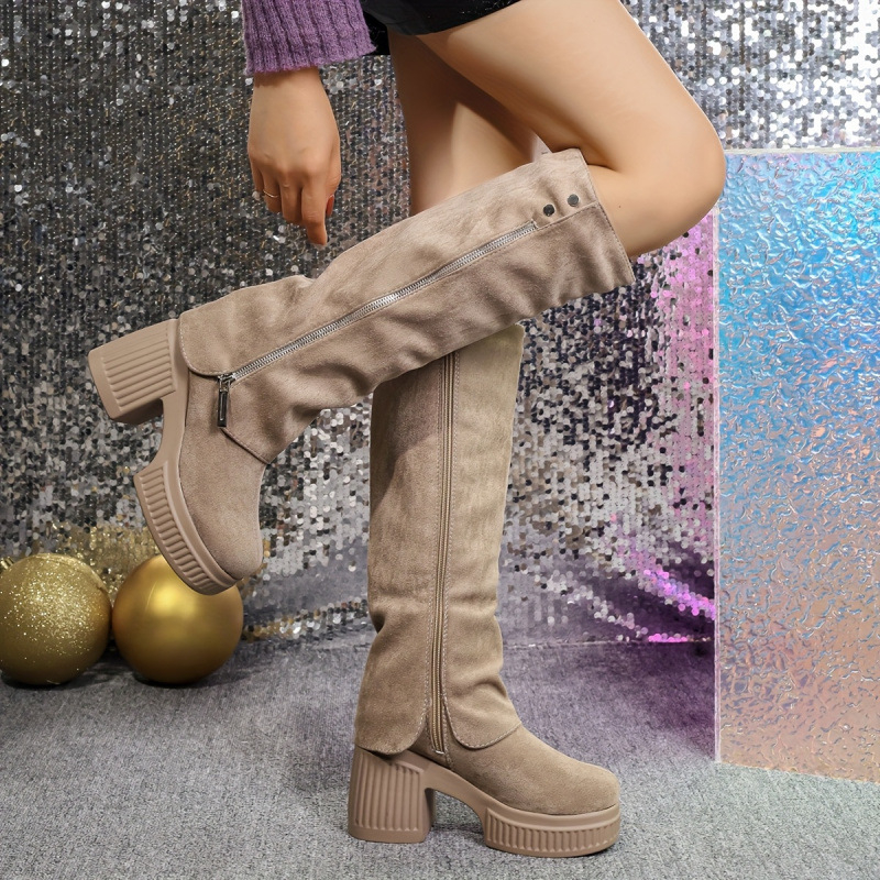 Cizme peste genunchi cu platformă groasă — partea superioară satinată, talpă din cauciuc, vârf rotund