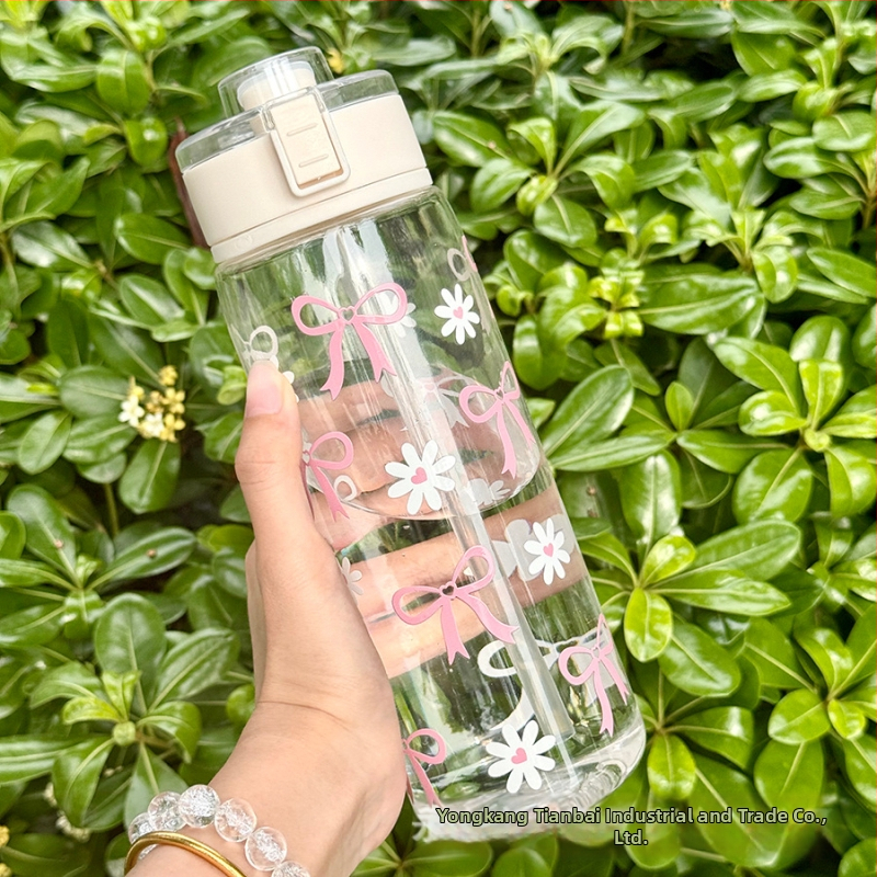 Пластмасова чаша за вода, голям капацитет, модерен минималистичен стил, принт с маргаритка, герметично запечатана и против протичане